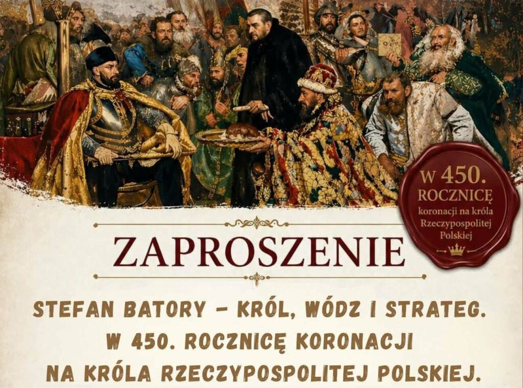 Zabytkowy obraz przedstawiający Stefana Batorego z uczestnikami uroczystości.
