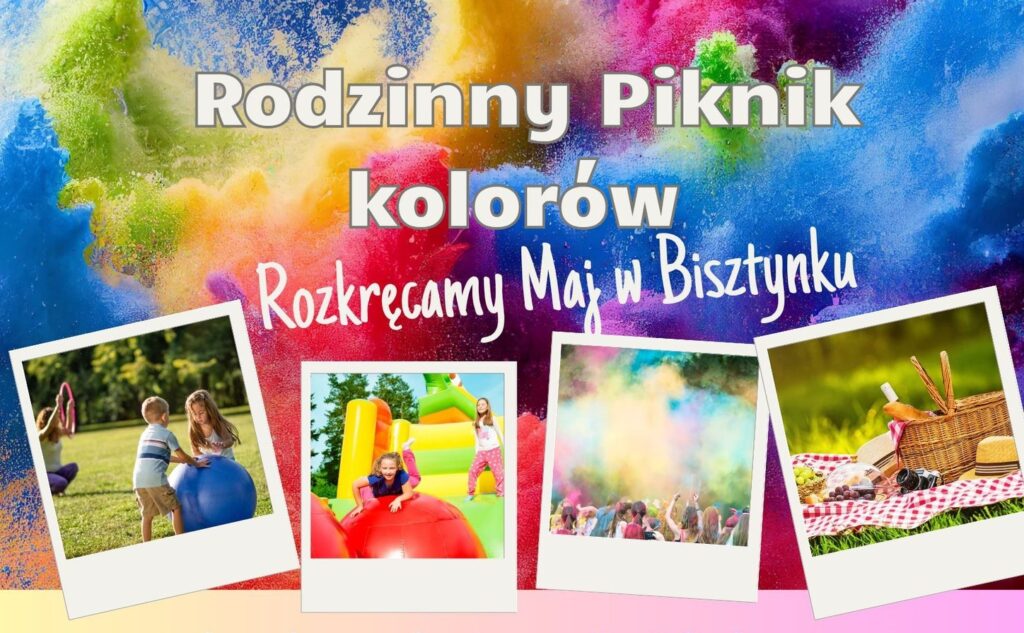 Kolorowy piknik rodzinny z dziećmi i zabawami.