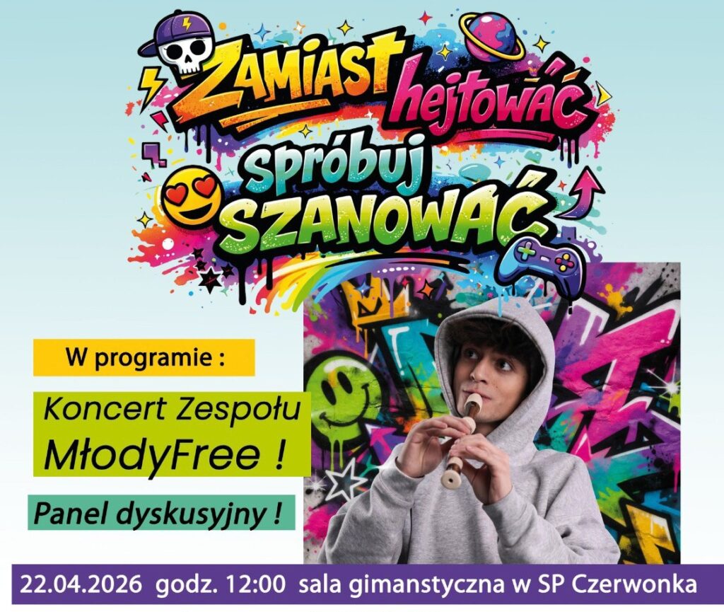 Plakat promujący wydarzenie z młodym muzykiem grającym na flecie.