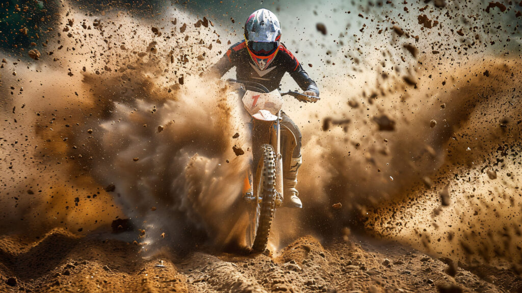 Motocyklista w akcji na torze off-road, unoszący chmurę pyłu.