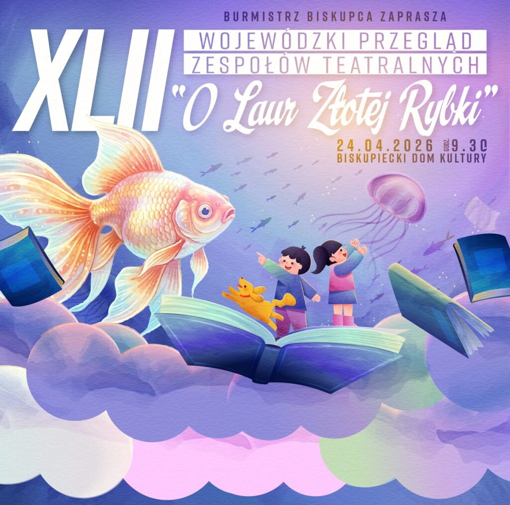 Ilustracja przedstawiająca złotą rybkę oraz dzieci w chmurach z książkami.