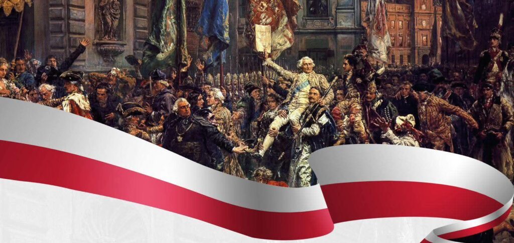 Grupka historycznych postaci na tle flagi.