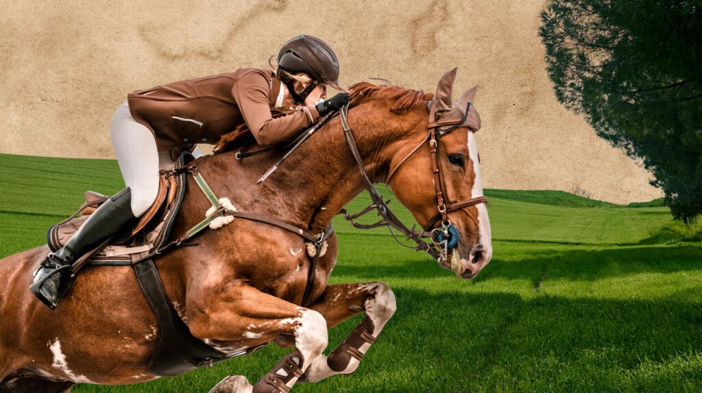 Jeździec na koniu w galopie na tle zielonej łąki.