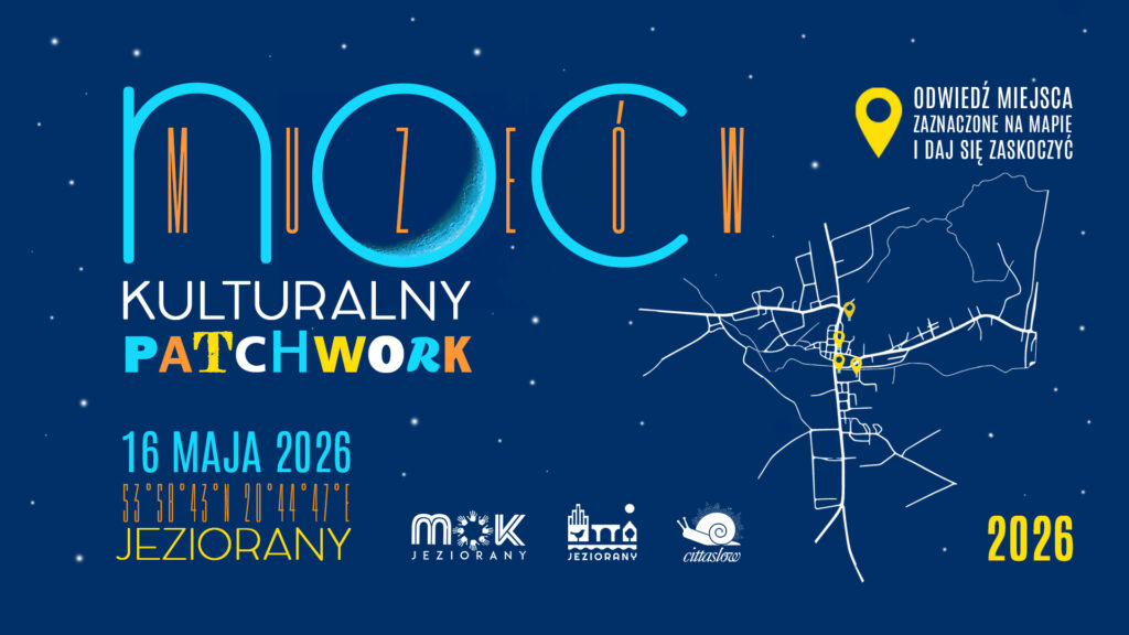 Plakat wydarzenia kulturalnego w Jezioranach z mapą i datą.
