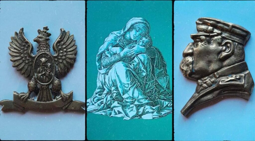 Trzy ozdoby metalowe: orzeł, Matka z Dzieciątkiem, mężczyzna w mundurze.