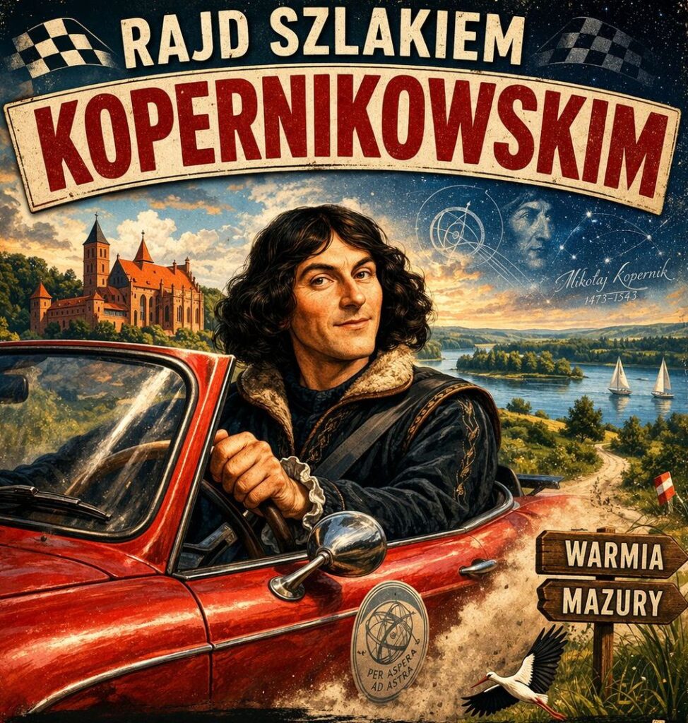 Mężczyzna w kostiumie historycznym w czerwonym samochodzie, tło z zamkiem i krajobrazem.