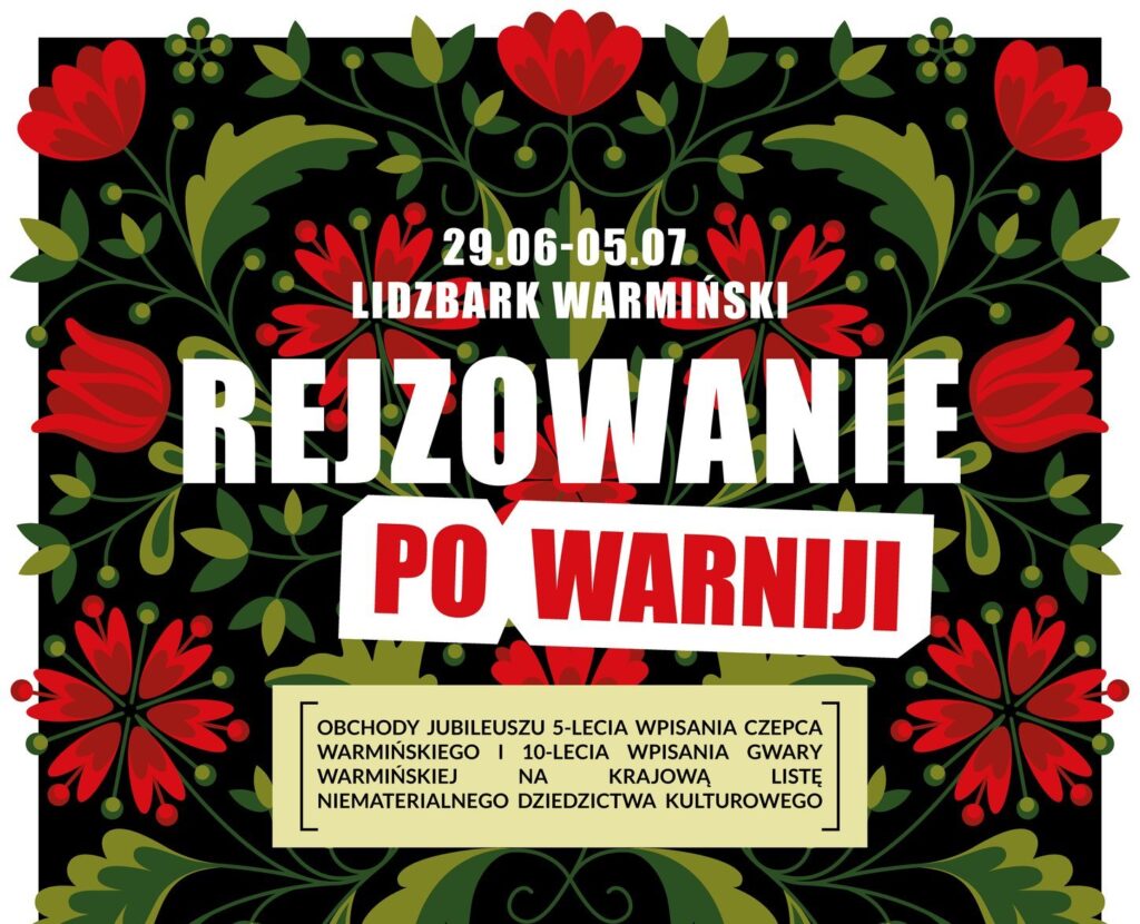 Plakat promujący wydarzenie kulturalne z kwiatowym motywem.