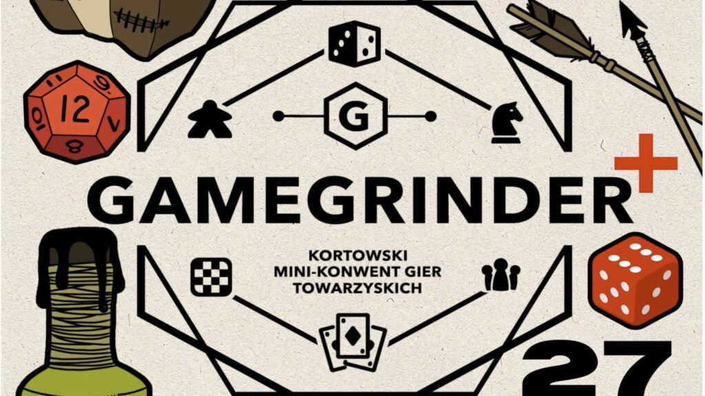 Beżowe tło z rysunkami kości do gry, pionków i topora, z napisem Gamegrinder pośrodku.