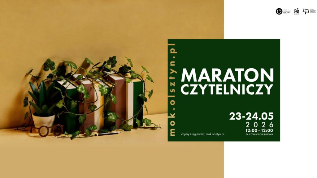 Plakat Maratonu Czytelniczego zaplanowanego na 23-24 maja 2026 r. Zdjęcie przedstawia książki oplecione bluszczem obok okularów i rośliny doniczkowej.