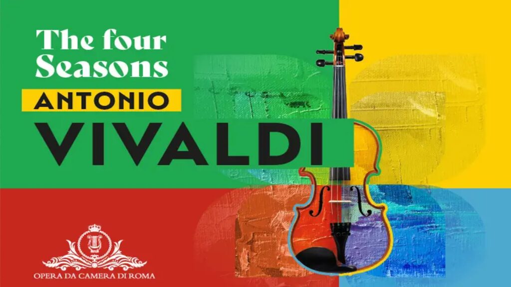 Plakat koncertu „Cztery pory roku” Antonio Vivaldiego z kolorową grafiką skrzypiec na tle czterech barwnych pól.