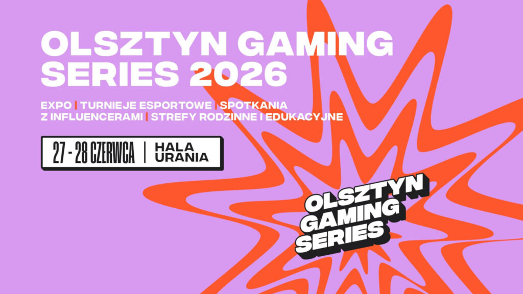 Plakat w kolorach fioletu i pomarańczu zapowiadający wydarzenie Olsztyn Gaming Series 2026 w Hali Urania w dniach 27–28 czerwca.