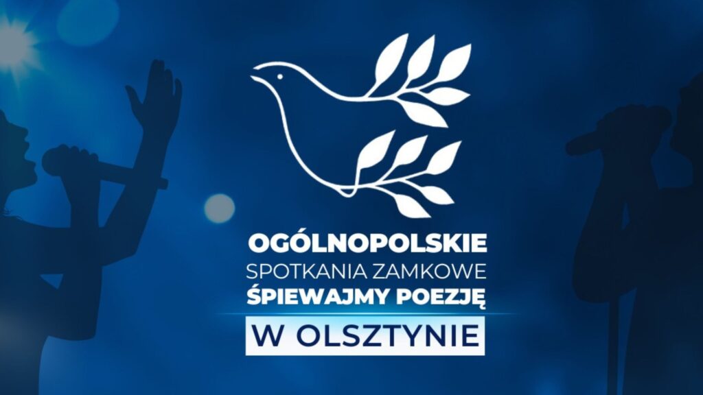 Biały logotyp ptaka z gałązką oliwną na niebieskim tle, otoczony sylwetkami śpiewających osób.