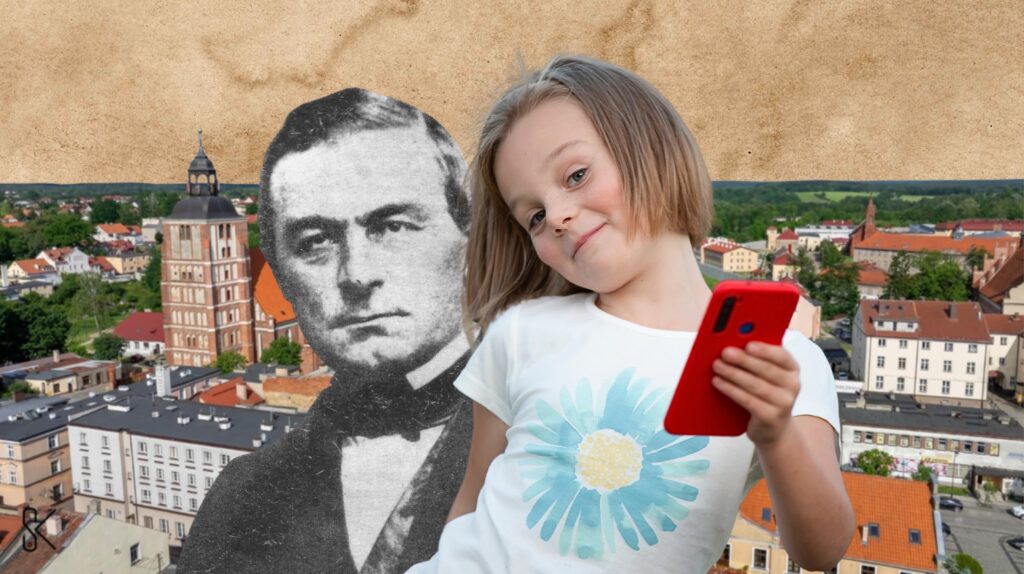 Dziecko trzymające telefon z tłem miejskim i postacią w starym stylu.