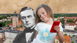 Dziecko trzymające telefon z tłem miejskim i postacią w starym stylu.