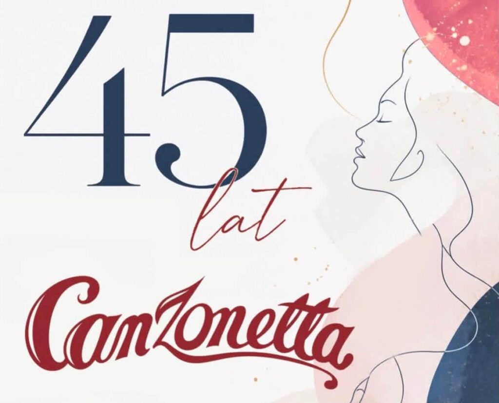 Grafika z napisem 45 lat Canzonetta oraz konturem twarzy kobiety.