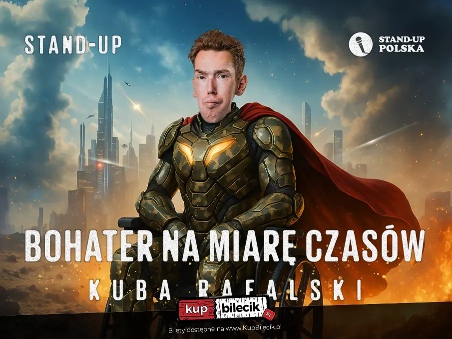 Mężczyzna w rolę superbohatera na wózku inwalidzkim.