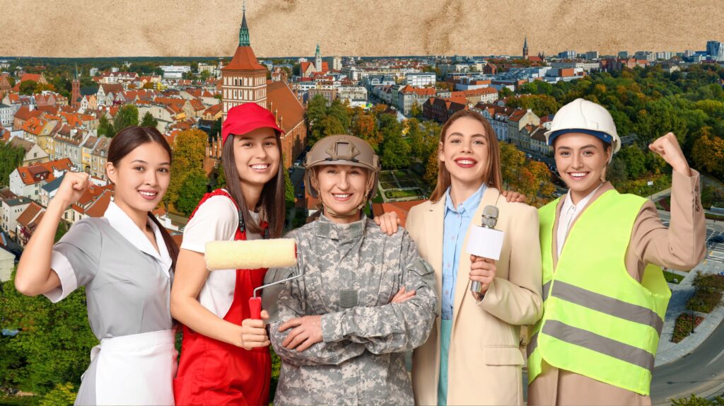 Grupa kobiet w różnych zawodach na tle miasta.