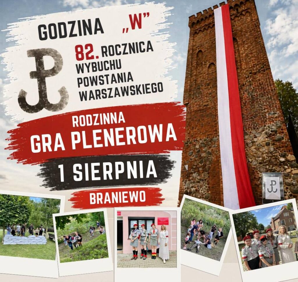 Plakat informujący o grze plenerowej z okazji 82. rocznicy powstania warszawskiego.