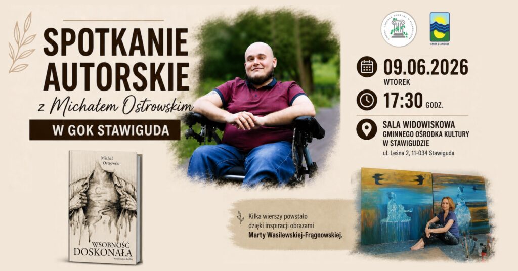 Plakat promujący spotkanie autorskie z Michałem Ostrowskim.