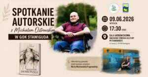 Plakat promujący spotkanie autorskie z Michałem Ostrowskim.