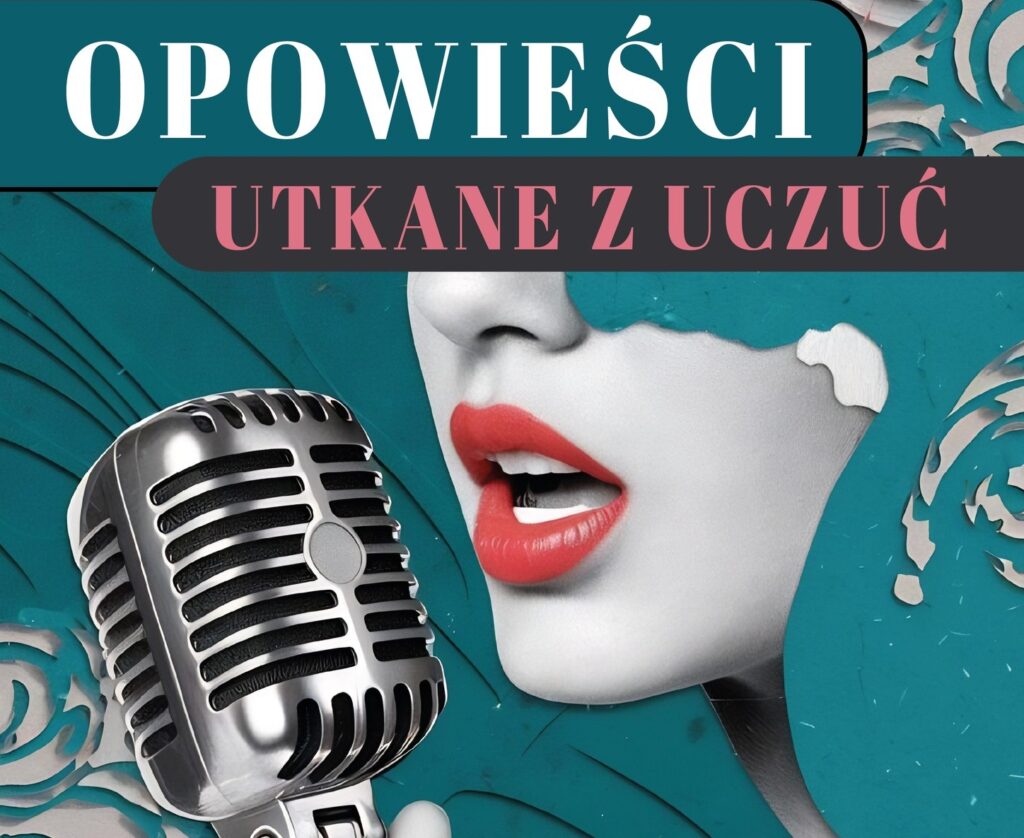 Kobieta z mikrofonem i czerwonymi ustami.