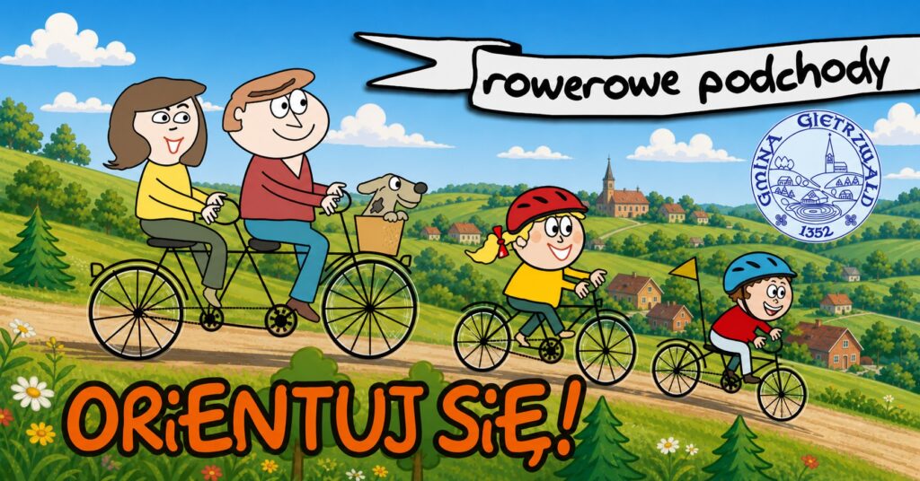 Rodzina i pies na rowerach w krajobrazie.