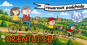 Rodzina i pies na rowerach w krajobrazie.