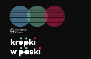 Logo z kolorowymi okręgami i napisem 'kropki w paski'.