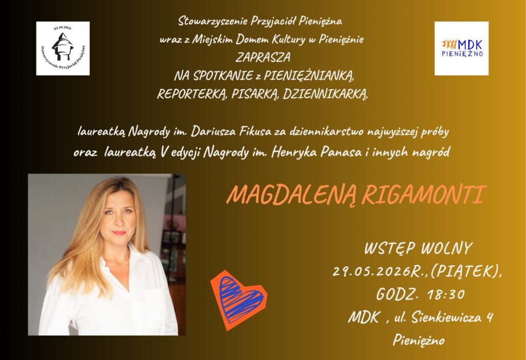 Plakat zapraszający na spotkanie z Magdaleną Rigamonti.