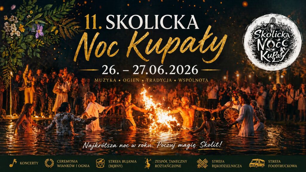 Plakat zapraszający na Noc Kupały 2026 z wydarzeniami kulturalnymi.