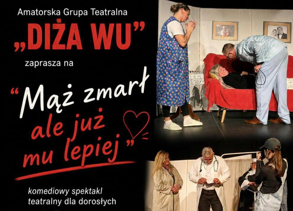 Plakat teatralny zapraszający na spektakl komediowy.