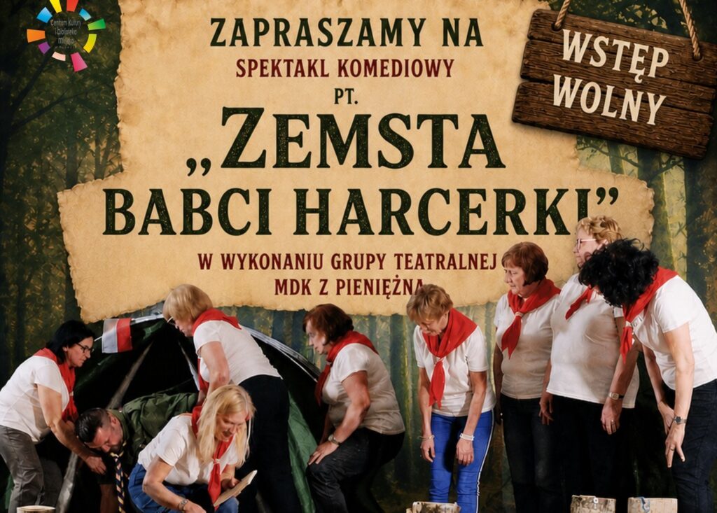 Plakat promujący spektakl komediowy na tle lasu.