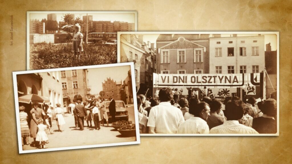 Tekst alternatywny (alt): Trzy archiwalne, sepiowe fotografie przedstawiające dawny Olsztyn – obchody VI Dni Olsztyna, scenę uliczną oraz dziecko na tle bloku – ułożone w formie kolażu na beżowym tle