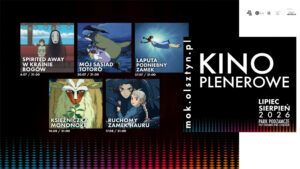 Czarny plakat z dużym napisem „KINO PLENEROWE” i pięcioma kafelkami filmów anime Studio Ghibli z datami letnich seansów.