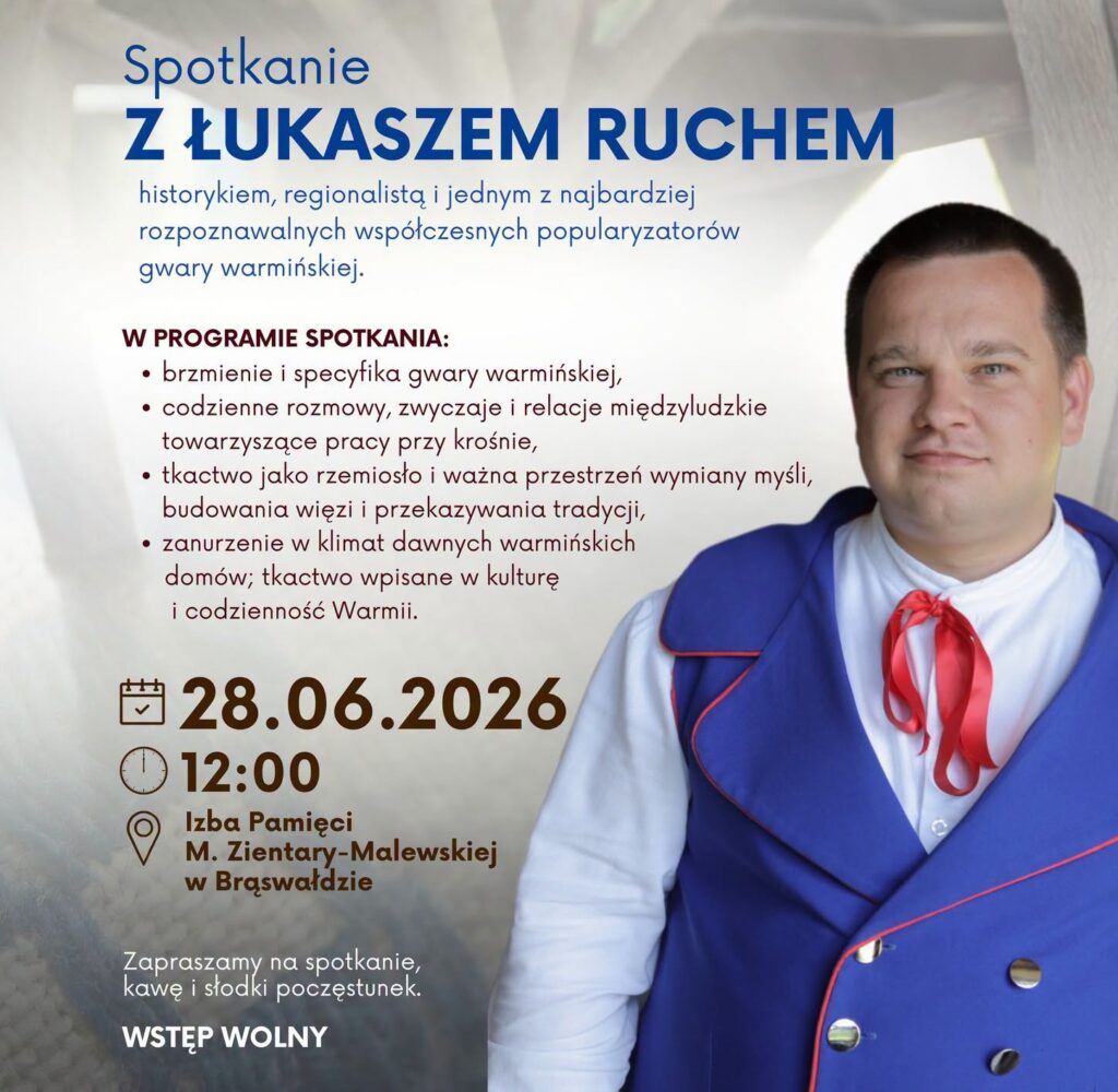 Plakat promujący spotkanie z Łukaszem Ruchem, historykiem.