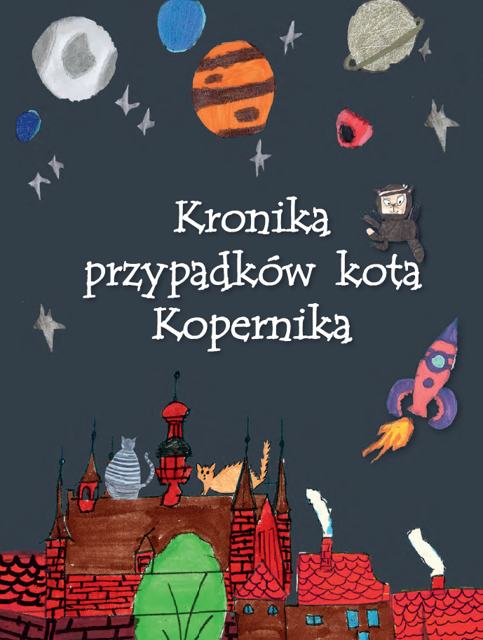 Ilustracja z planetami i kotami w kosmosie.