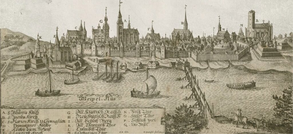 Widok historycznej panoramy miasta z rzeką i łodziami.
