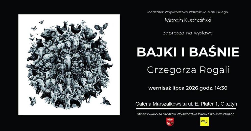 Plakat wystawy 'Bajki i Baśnie' z ilustracjami zwierząt i ludzi.