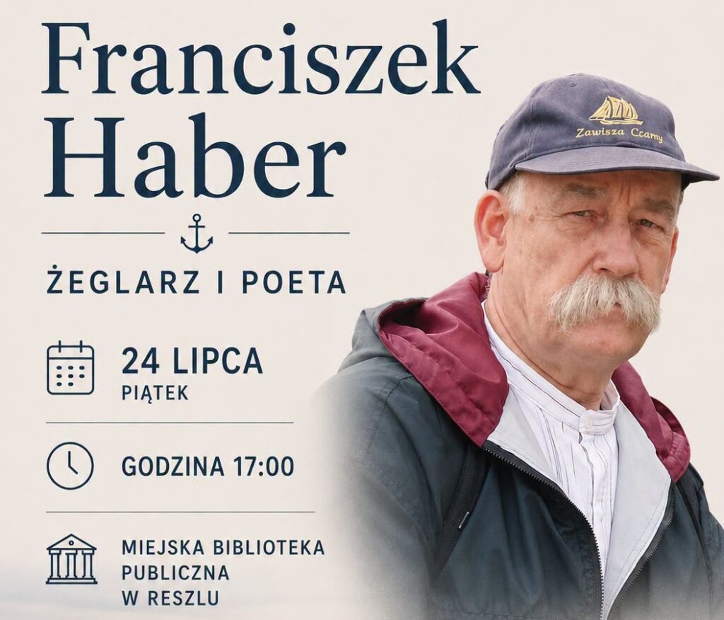 Portret mężczyzny w nakryciu głowy z informacjami o wydarzeniu.
