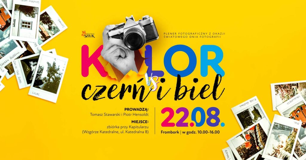 Plakat promujący plener fotograficzny z aparatem i zdjęciami w tle.