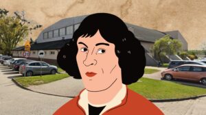 Ilustracja postaci na tle budynku.