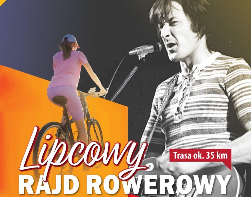 Kobieta na rowerze i mężczyzna śpiewający na scenie
