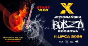 Plakat wydarzenia muzycznego z gitarą i efektami ognia i błyskawicy.