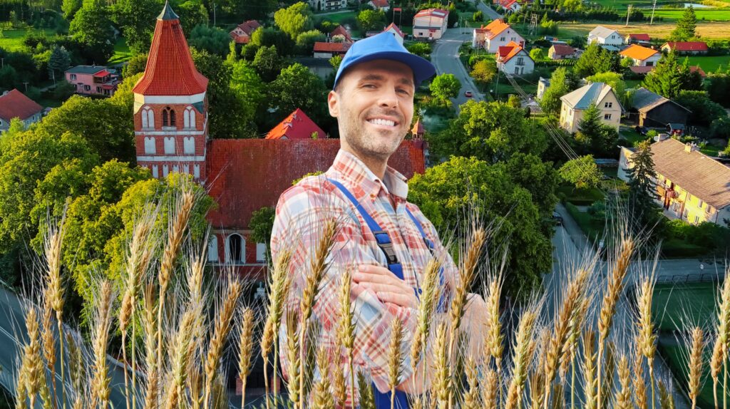 Mężczyzna w koszuli w kratkę stojący w zbożu z widokiem na wieś.