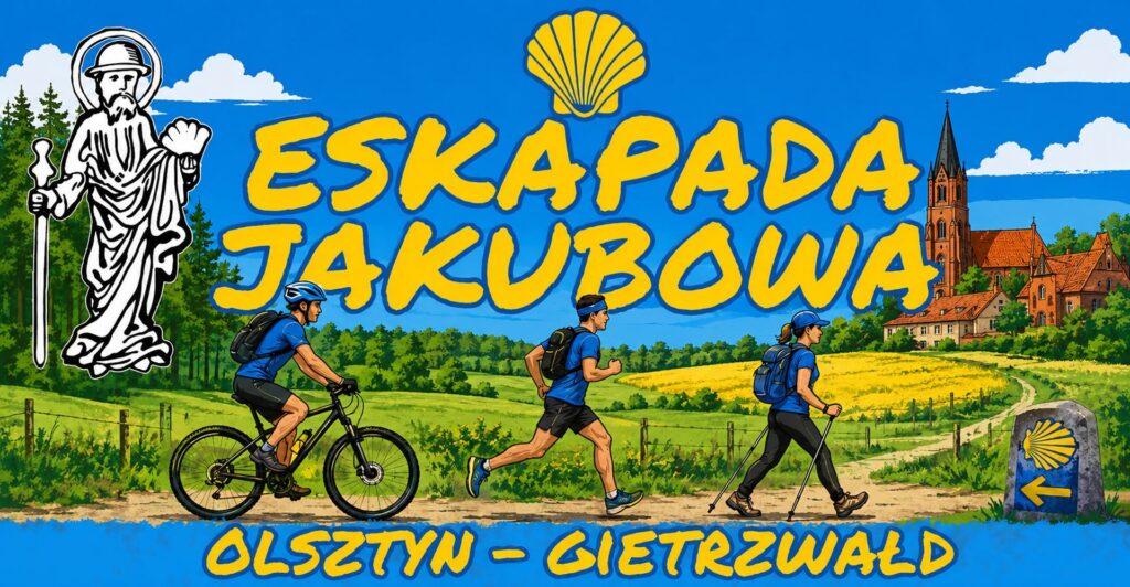 Grafika promująca Eskapadę Jakubową z postaciami wędrującymi i rowerzystą.