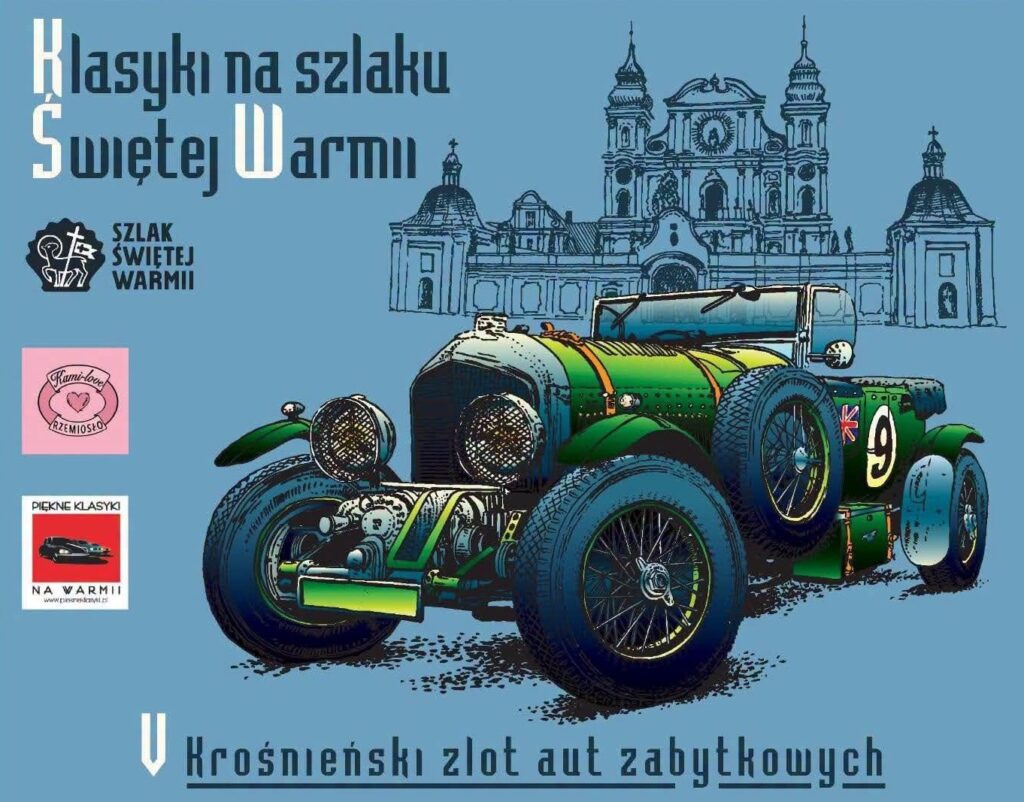Stylizowany plakat z klasycznym samochodem na tle zabytkowego budynku.