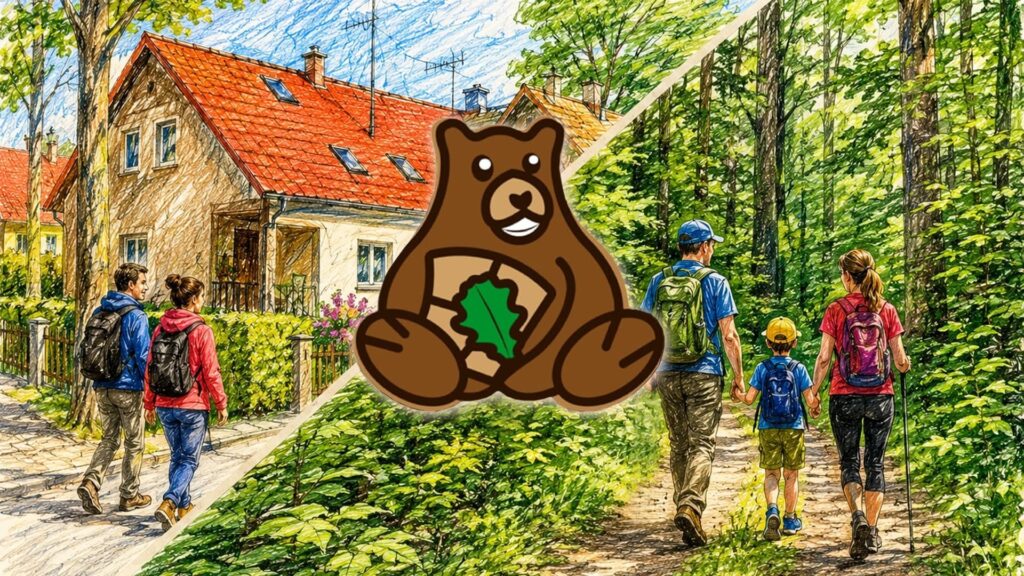 Para spacerujących przy domach i rodzina w lesie