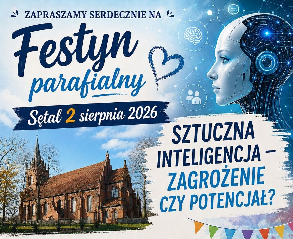 Plakat promujący festyn parafialny z wizerunkiem kościoła i grafiką sztucznej inteligencji.