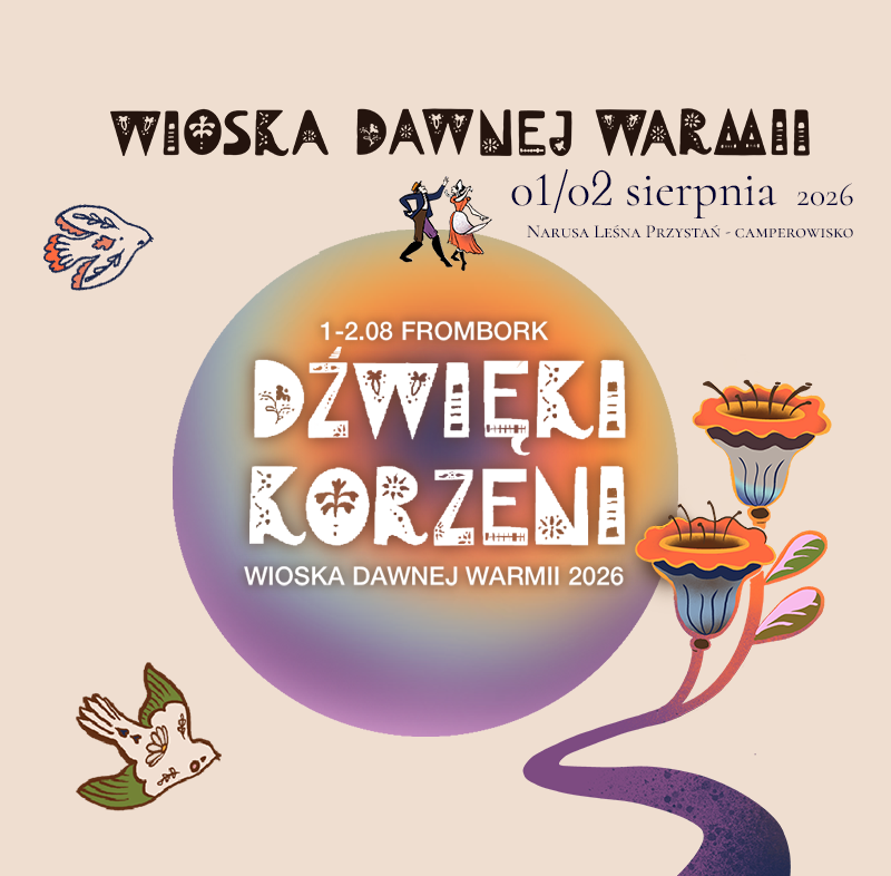 Plakat wydarzenia "Wioska Dawnej Warmii" z datą i lokalizacją.