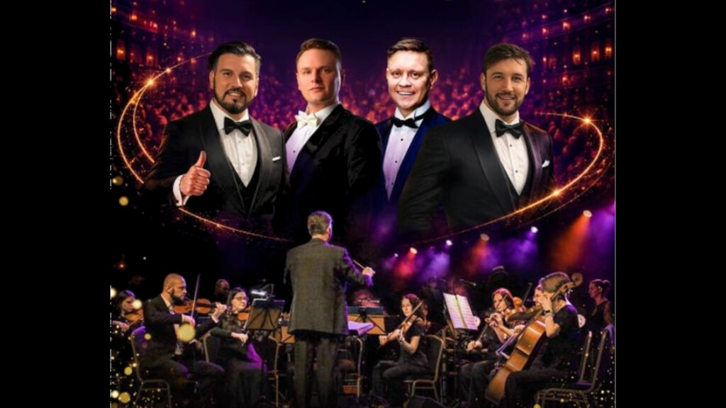 Plakat koncertowy z czterema tenorami w smokingach na górze oraz orkiestrą z dyrygentem na dole.